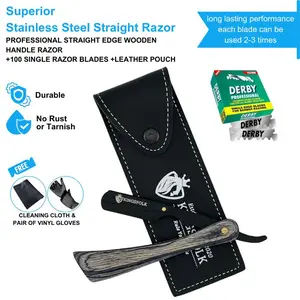 Professional Precision Barber Wooden Straight Razor Kit with Stainless Steel  Blade 100 Single Edged Blades Comfortable Handle Sleek Leather Pouch Flawless Manual Shaver Durable No Rust Storage