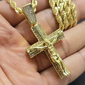 MaxBling81 Iced Out Cross Charm Necklace - Jesus Crucifix Cross Design Pendant, Metal Coated, 4mm Multi-Size Rope Chain (18in, 20in, 24in) Unisex Hip Hop Costume Jewelry, Hip Hop Necklaces