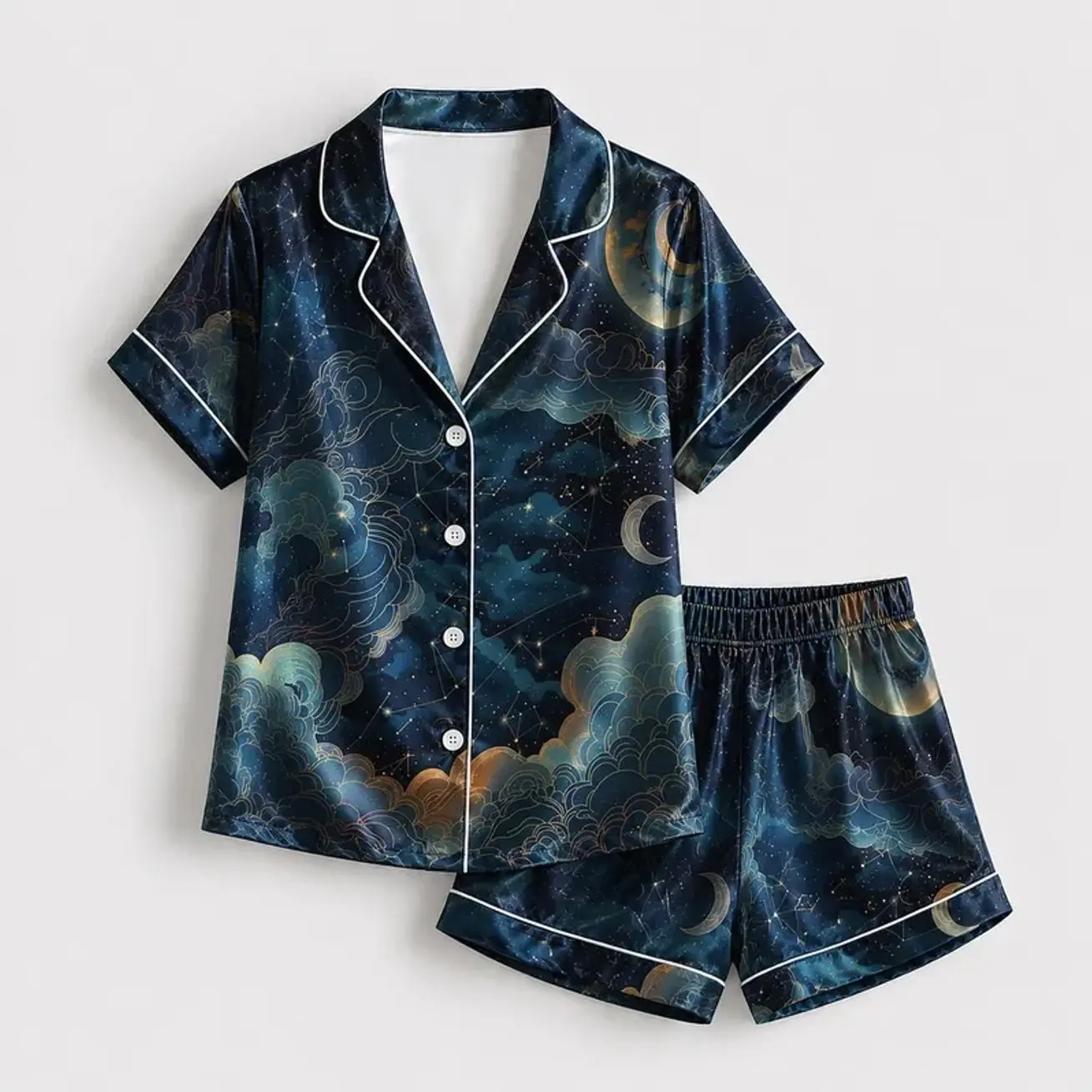 Midnight Celestial Satin Pajama Set with Moon Stars Ocean Waves and Dreamy Night Sky Pattern for Cozy Sleepwear