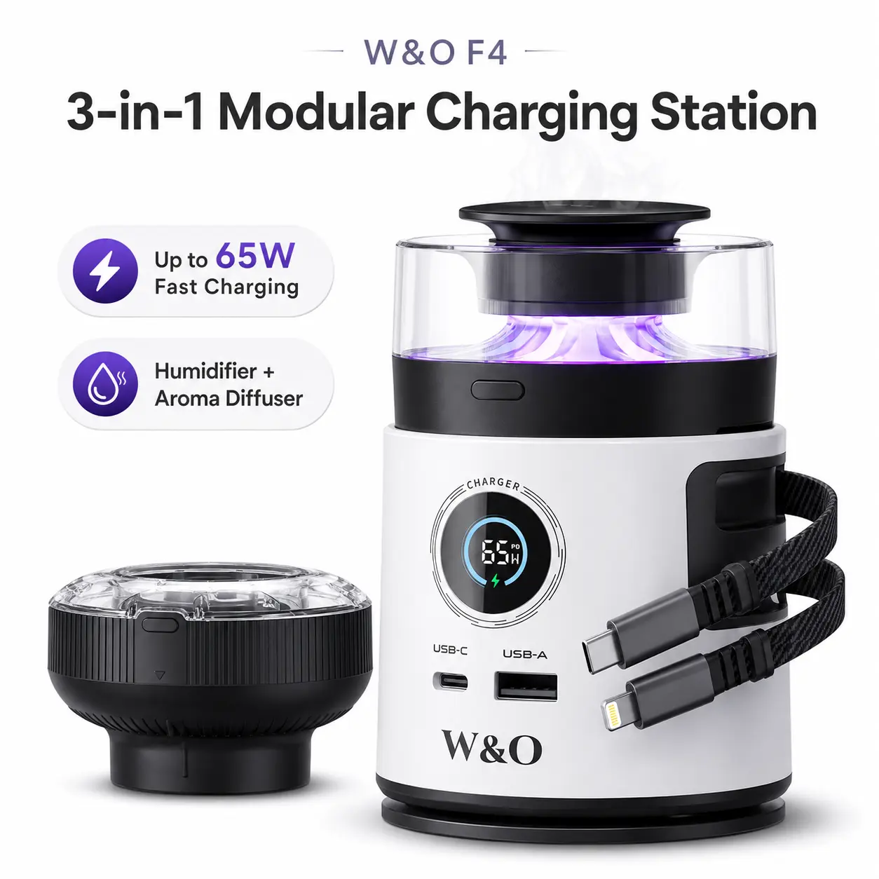 W&O F4 65W Fast Charging Station, 3-in-1 Modular Desktop Charger with 2 Built-In 5.9ft Retractable Type-C & Lightning Cables, 4-Device Charging, 150ml Humidifier, Aroma Diffuser & Ambient Light