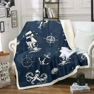 Ocean Nautical Throw Blanket,Sailboat Anchor Compass Room Accessory Plush Blankets and Throws,Sea Adventure Men Women Sherpa Blanket