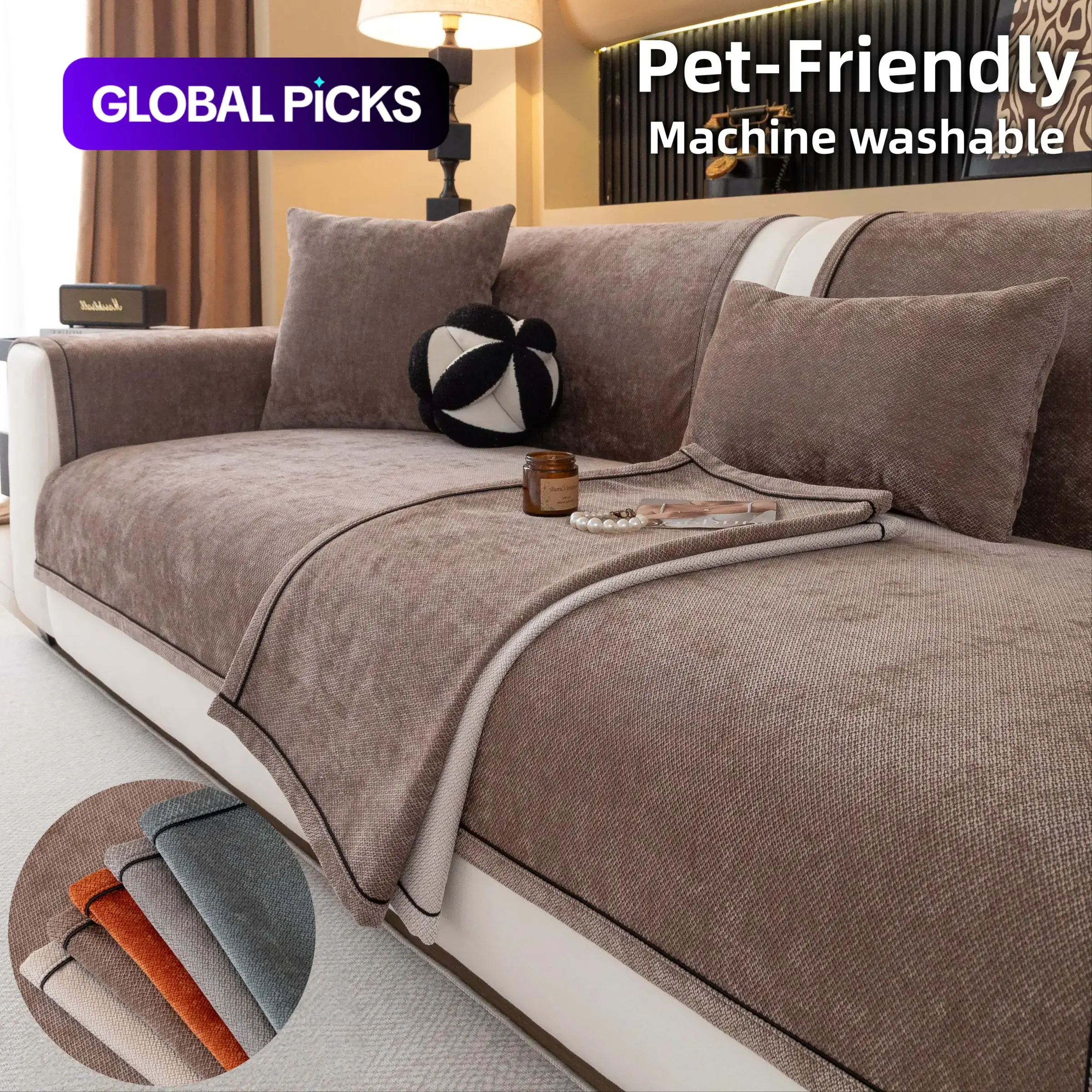 Solid Color Chenille Pet-Friendly Non-Slip Sofa Covers, Machine Washable Soft All-Season Furniture Protector for Dogs & Cats, Fits Armchair, Loveseat, 2/3/4-Seater & L-Shaped Sectional, Slipcover for Sofa #GLOBAL PICKS