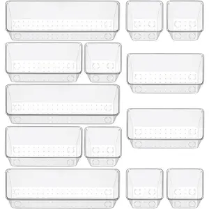 12 Piece Clear Drawer Organizer Set, 3 Sizes Vanity Organizer Trays Storage Bins for Makeup Cosmetics Jewelry Gadgets, Fit for Office Kitchen Bedroom Bathroom Use