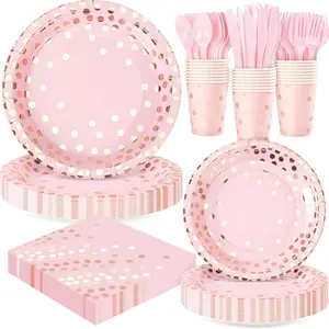 Pink and Rose Gold Dots Plates Set for 24 Guests, 168PCS Disposable Dinnerware,Party Supplies Paper Plates Napkins Cups Pink Cutlery for Birthday Baby Shower Wedding Bridal Anniversary Party