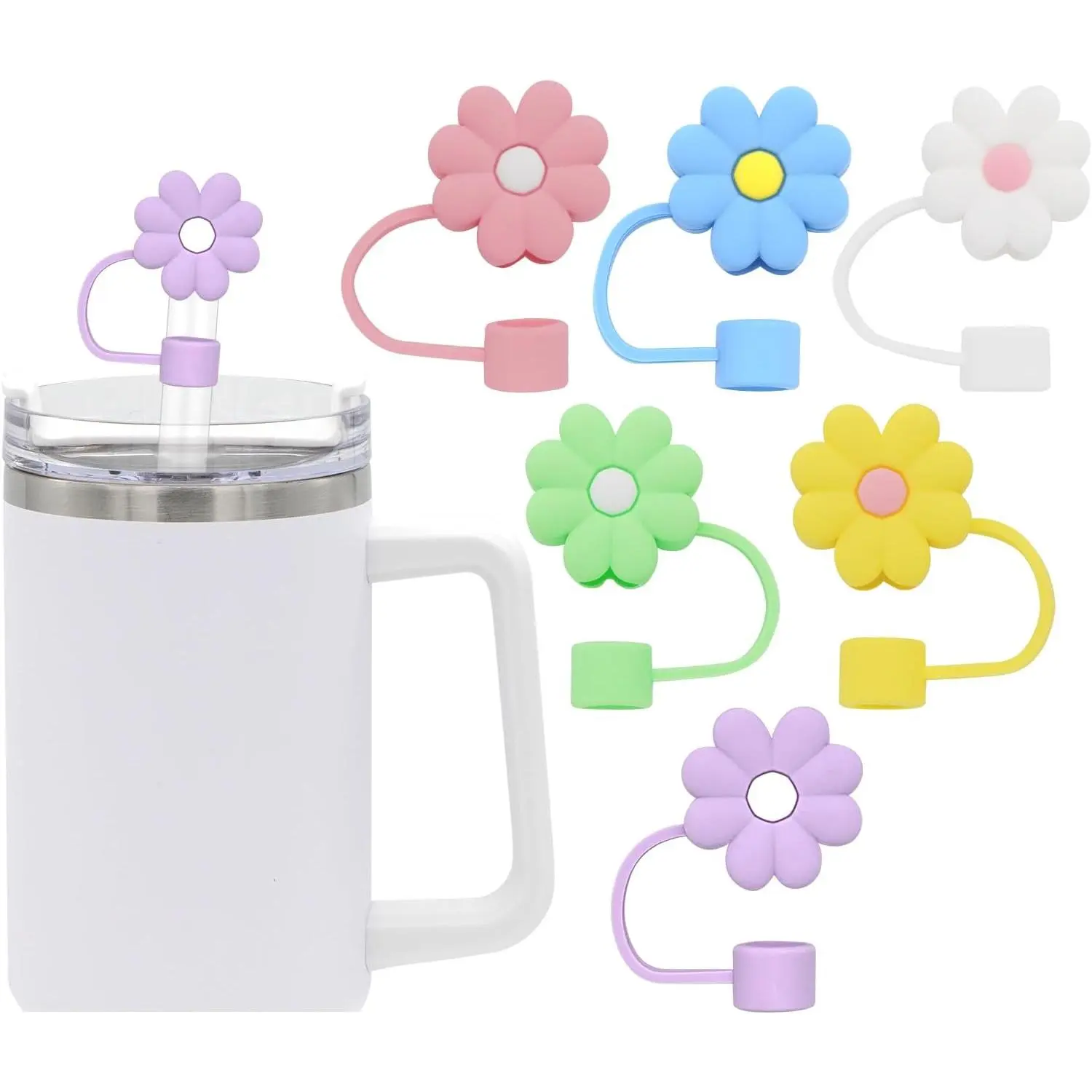 4 count 0.4in Diameter Cute  Straw Covers Cap for  Cup, Dust-Proof Drinking Straws  Straws Tips Lids (6 PCS Flower Straw Covers)
