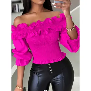 Women's Elegant Off-the-Shoulder Blouse with Ruffled Sleeves & Hem - Solid Color Machine Washable Top for Casual & Formal Wear, All-Season Versatile Wardrobe, Formal Attire, Offshoulder Fashion, Sophisticated Craftsmanship, Office Attire, Breathable Mater