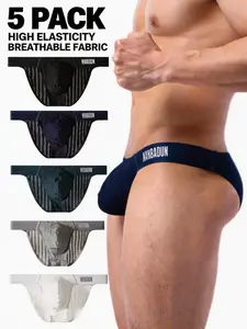 Men's Striped Mesh Underwear Set, Slim-Fitting Casual High Elastic Breathable U Pouch Design, Daily Sport Commute Wear, High Elasticity, 5 Pack