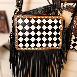 Genuine Leather Hand-Tooled & Painted Fringe Crossbody Bag