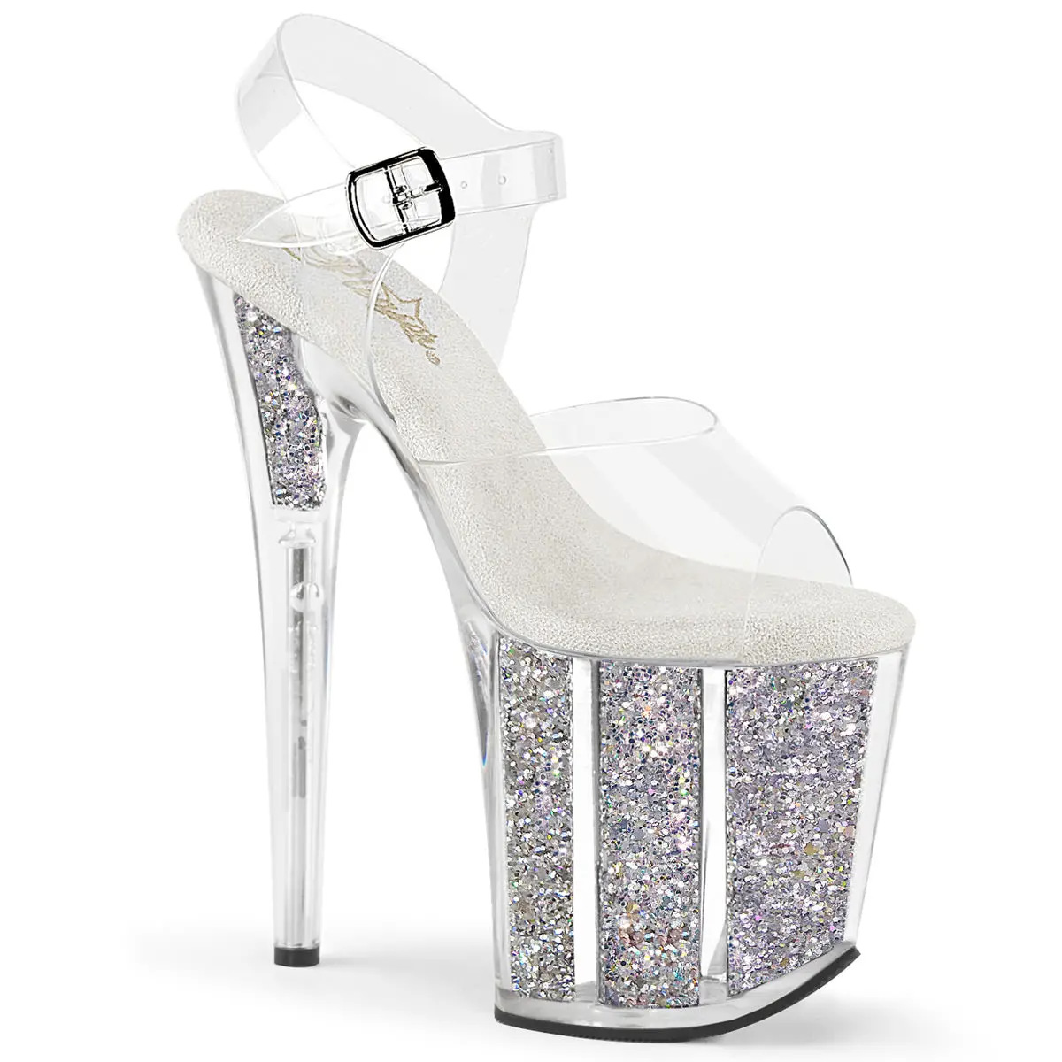 Glitter-Filled Platform High Heels, 8-in Stiletto Sandals with Transparent Ankle Strap - Footwear for Exotic Dancers, Clubwear & Pole Fitness, Women, Shoe, Fashion, Pleaser, 8-Inch Stiletto Heel, 4-Inch Platform, Evening, Statement Shoes, Open Toe, Platfo