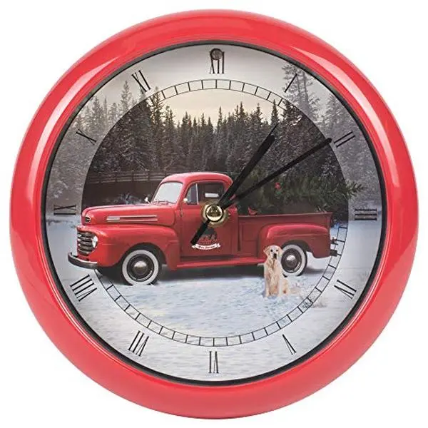 Vintage Red Ford Truck Christmas Carol Wall Clock – Plays 12 Traditional Holiday Songs, Rustic Farmhouse Christmas Décor, Decorative Wall Clock, Classic Red Pickup Truck Winter Scene, Festive Home & Kitchen Holiday Decoration