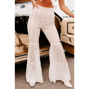 White Sequined Lace Tiered High Waist Flare Pants