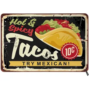 Mexican Tacos Tin Signs,Hot and Spicy Mexican Cuisine with Tasty Taco on Dark Background Vintage Metal Tin Sign For Men Women,Wall Decor for Bars,Restaurants,Cafes Pubs,12x8 Inch