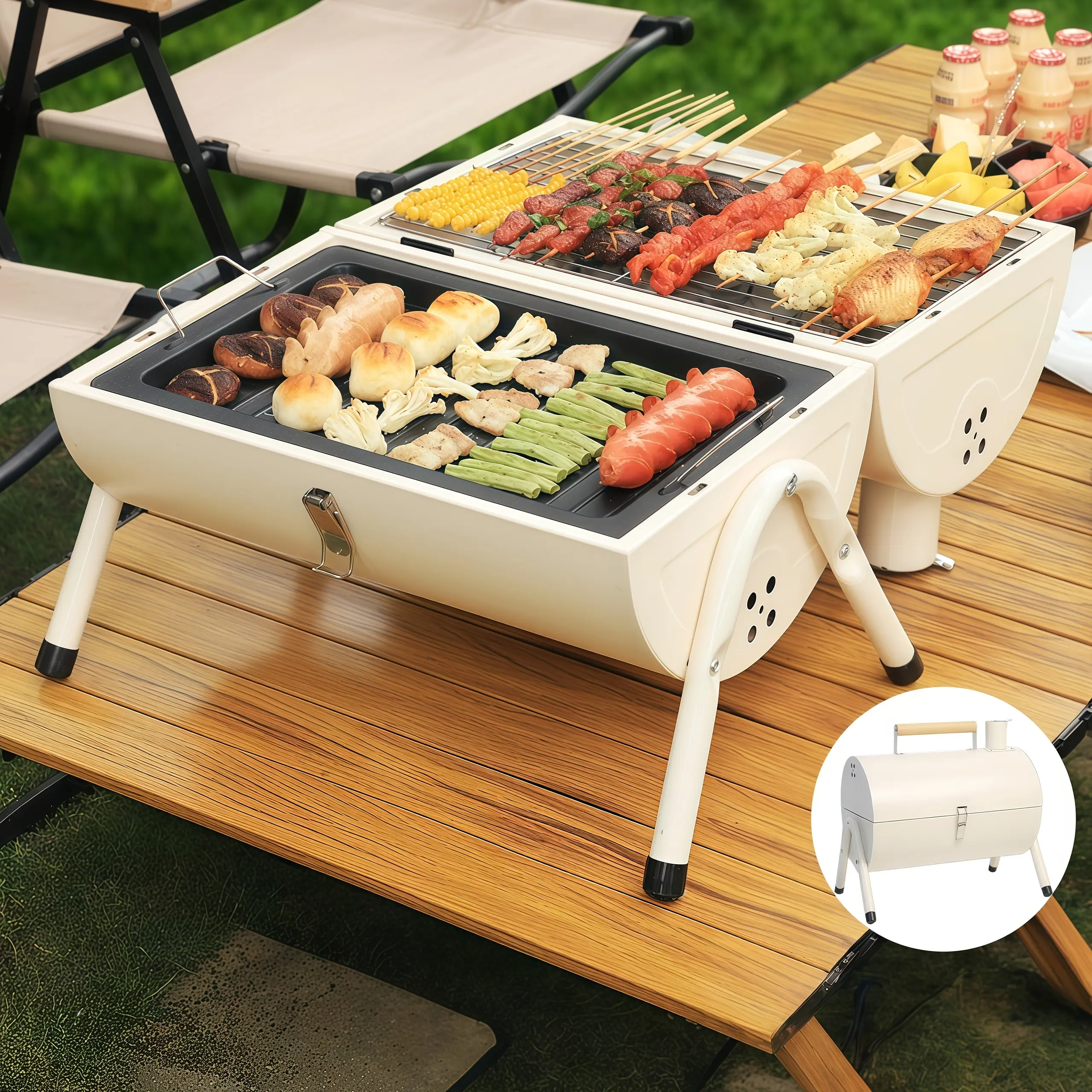 11-in-1 Double-sided Portable Charcoal  with Warming Rack, Tabletop Charcoal In Cooking Area for Outdoor Camping& Picnic Grilling, Black&White For Outdoor Cooking Backyard Camping Picnic Beach, Multi-Person  DualPurpose BBQ  Triple-Burner Grill camp stove