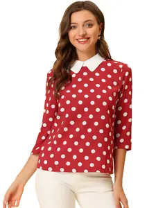 INSPIRE CHIC Polka Dots Contrast Peter Pan Collar 3/4 Sleeve Blouse Shirt Top