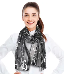 CBC Crown Lightweight Striped Music Notes Silk Feeling Music Scarf - Black