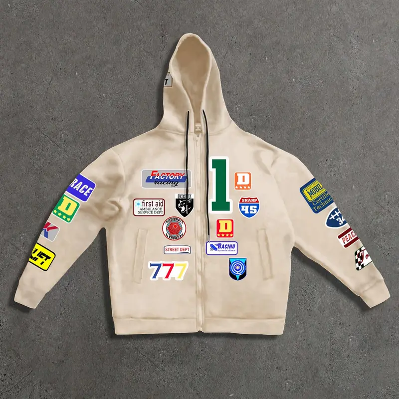 Men's Letter & Number Print Zip Up Stretchy Hoodie, Regular Fit Casual Street Drawstring Long Sleeve Hooded Sweatshirt for Daily Wear, Men's Clothes for Fall & Winter, Streetwear Hoodie Sweatshirt
