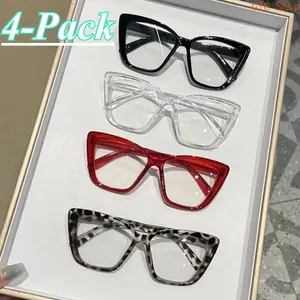 4 Pairs Large Frame Cat Eye Blue Light Blocking Glasses, Trendy Unisex Stylish Flat Lens Eyewear Ideal for Daily Casual Wear & Office Screen Protection