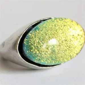 Amazing Rhodium Plated Ring with Fused Dichroic Glass Gold Color size 6