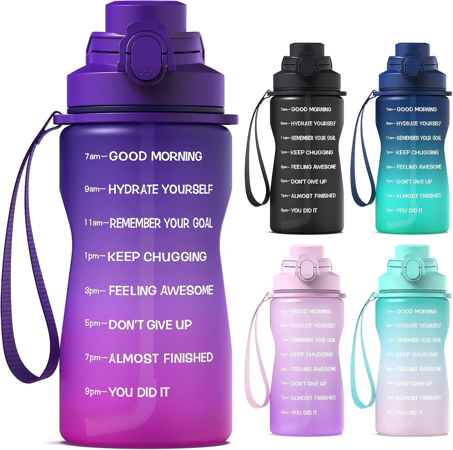 64oz Half Gallon Water Bottle with Straw & Time Marker, Motivational Water Bottle with Handle, Leakproof, Tritan BPA Free Water Jug, for Fitness, Gym, Outdoor