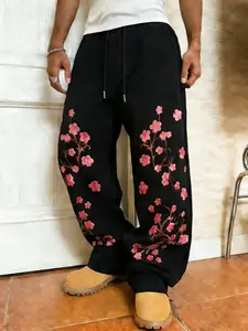 Men's Street Style Black Sweatpants, Pink Flower Design, Soft Casual Pants for Outdoor and Home Use, Casual Chic Bottoms