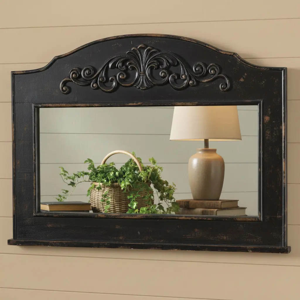 Vintage Wood Rectangle Mantle Top Mirror, Home Decor Accent, Aged Black Home Decorative Mirror
