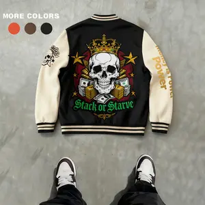 Men's Baseball Jacket - "Money Is Power" Polyester Soft Fabric Multi-Color Black Orange Coffee American, Gang-Style, West Coast, Vintage, Skull, Crown, Graphic Print Varsity Coat Retro Classic Old School Casual Sports SWAG Streetwear Winter Trendy Gift