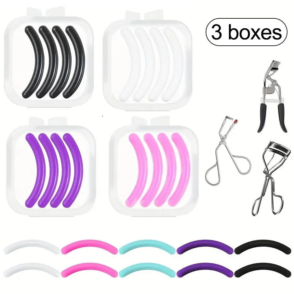 12 Pcs Beauty Eyelash Curler Replacement Pads, Silicone Rubber Universal Eye Lash Curler Refill, Includes Transparent Storage Box, Random Colors