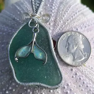 Large Teal Blue Green Sea Glass Pendant for Women wrapped in silver jewelry wire