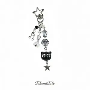 Token&Tale Vintage Creative Black Cat Phone Lanyard Cute Versatile Keychain Backpack Pendant Y2K Kitten Paw Star Fish Beaded Jewelry Accessories