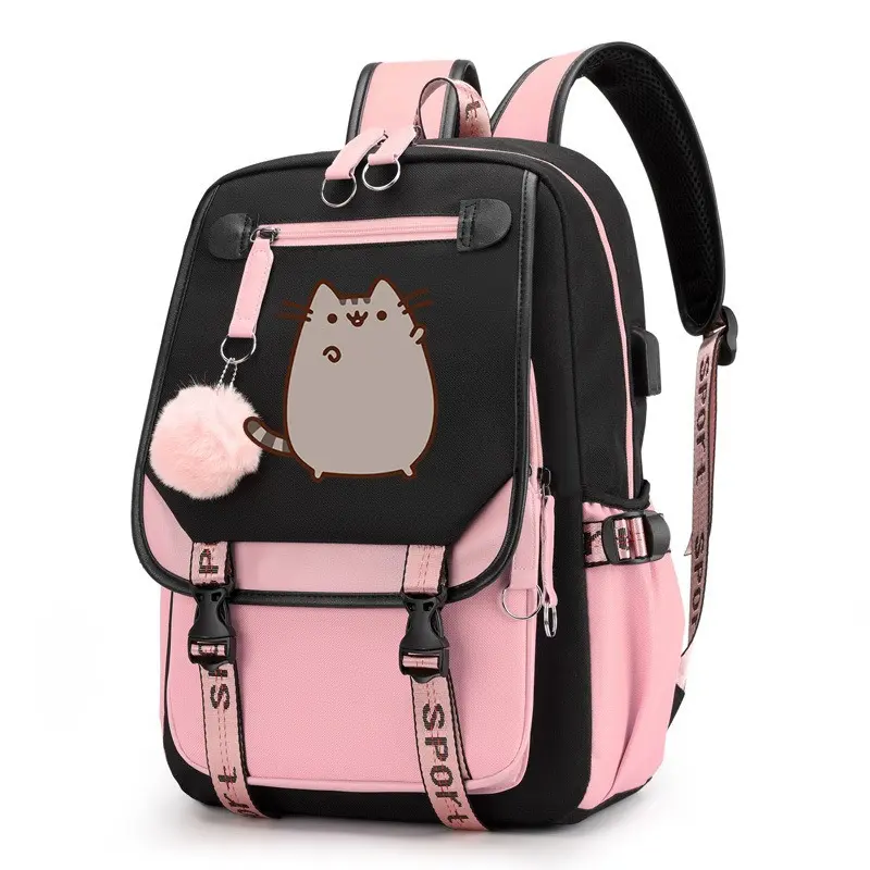 Women's Kawaii Chubby Cat Fashion Backpack - Water-Resistant Oxford Material, Large Multi-Compartment Laptop Bookbag for Girls with Fluffy Pom Pom Charm (School, Travel Use)