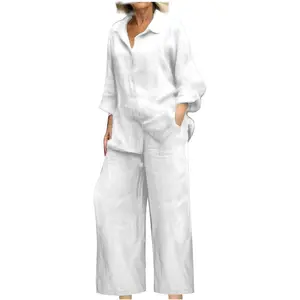 Linen Sets for Women 2 Piece Long Sleeve Shirts & Wide Leg Trousers Loose Fit Dressy Cotton Linen Sets Outfits