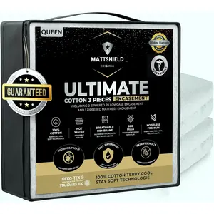 MATTSHIELD 3-Piece Kit - Bed Bug-Mattress Cover Queen Size 100% Cotton Top + 2 Pillow Protectors with Zipper - 6 Sided Waterproof Encasement, Total Defense Kit