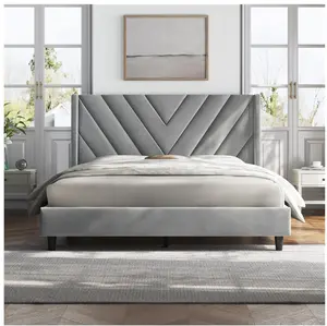 Queen Size Upholstered Platform Bed Frame with Tufted Headboard, Light Gray, Adult