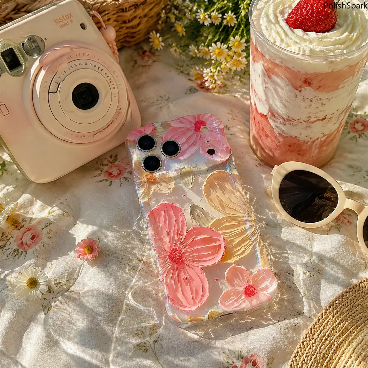 Women's Aesthetic Floral Phone Case, 3D Oil Painting Soft TPU with Wavy Edge and Holographic Finish - Shockproof Smartphone Accessory, Accessories, Protector, Cellphone, Casing, Durable, Cover, Flowers, Plastic, Anti-Yellowing, Protection tiktokshopbackto