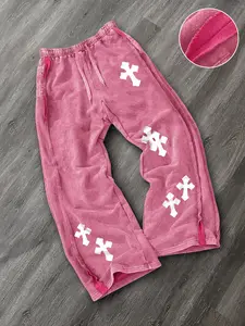 Men's Washed Cotton Straight Leg Long Pants, Cross Print, Casual Fashion, Comfortable Fit, Perfect for Daily Wear, Casual Lounge Pant