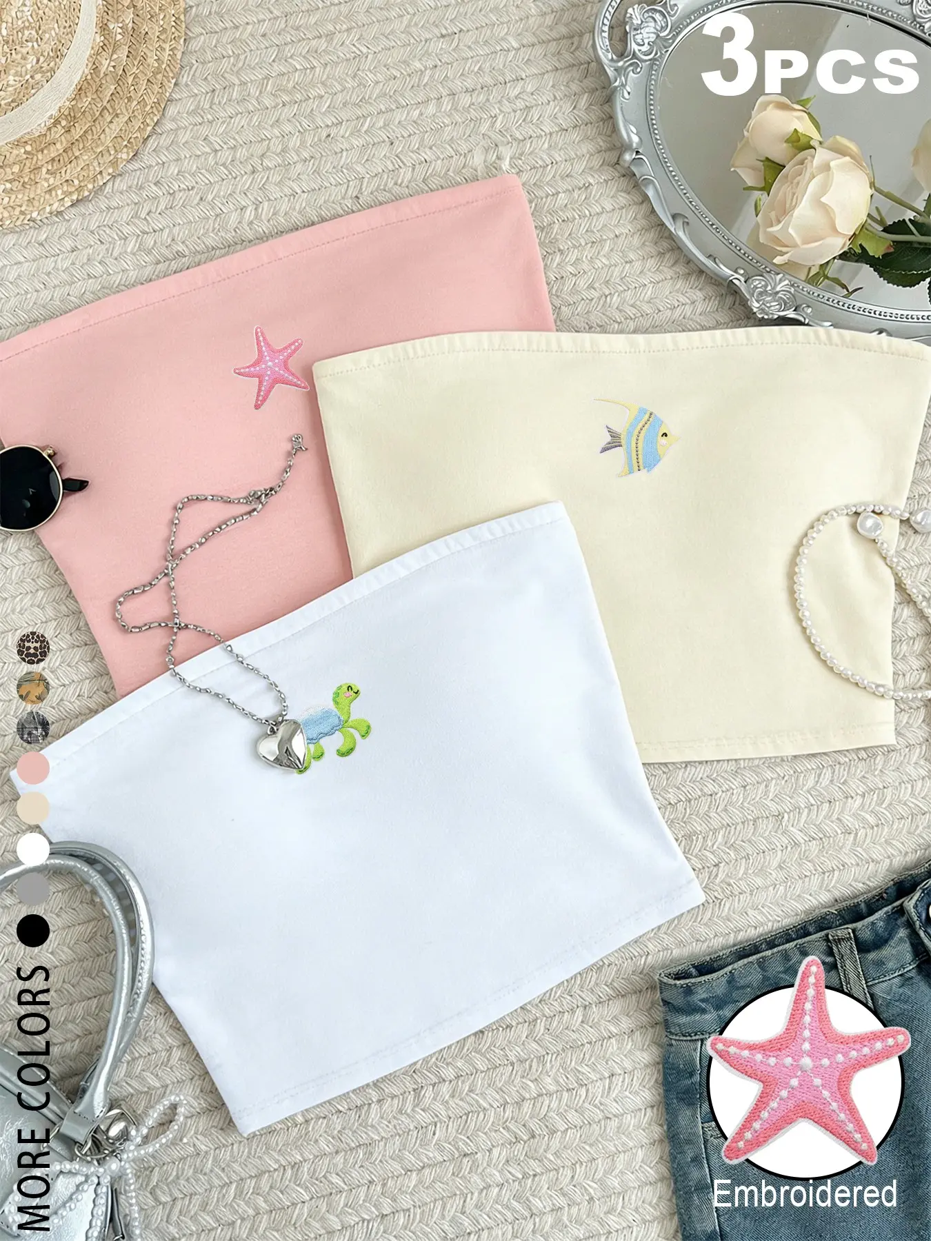 TikTok Viral 2026 Women's Embroidered Tube Tops Set, Casual Sleeveless Tops, Embroidered Tank Top, Marine Life Print Strapless Crop Tops - Y2K Coquette Aesthetic Streetwear, Vacation, Beach - Summer Outfits for Young Women