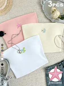 TikTok Viral 2026 Women's 3 Piece Embroidered Tube Tops Set, Fitted, Coastal Beach Marine Life Print Strapless Crop Tops - Y2K Coquette Streetwear, Vacation, Beach, Brunch, Daily Wear, Summer Ready - Trendy Summer Outfits for Teen Girls & Young Women