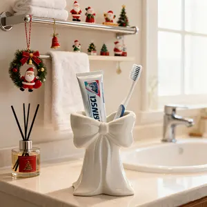 1 cute bow toothbrush holder, couple toothpaste box, elegant bathroom storage bottle, ornament storage rack, Valentine's Day gift, Halloween gift, birthday gift, home bathroom decoration, bathroom storage, Bathroom Accessory