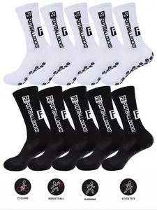 Teen Socks Set, Letter Design Mid-High Tube Socks, Anti-Slip Rubber Sole, Soccer Grip Socks, Essential Sports Socks for Football Rugby Basketball