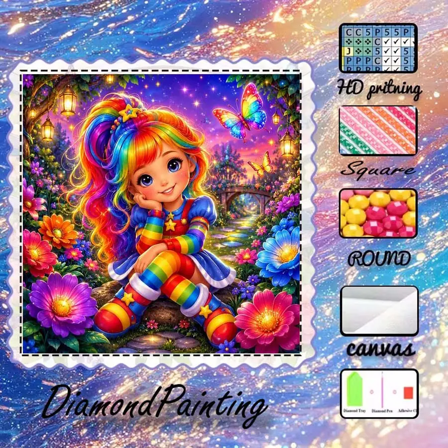 1pc 5D DIY Flocking Cloth Diamond Painting Kit, Optional AB Drills, Fairy Dust Drills, Crystal Drills - Rainbow Girl, Flowers, Butterflies - Diamond Embroidery, Special Craft Diamond Art Set, Wall Decor, Gift for Family, Loved Ones, Friends