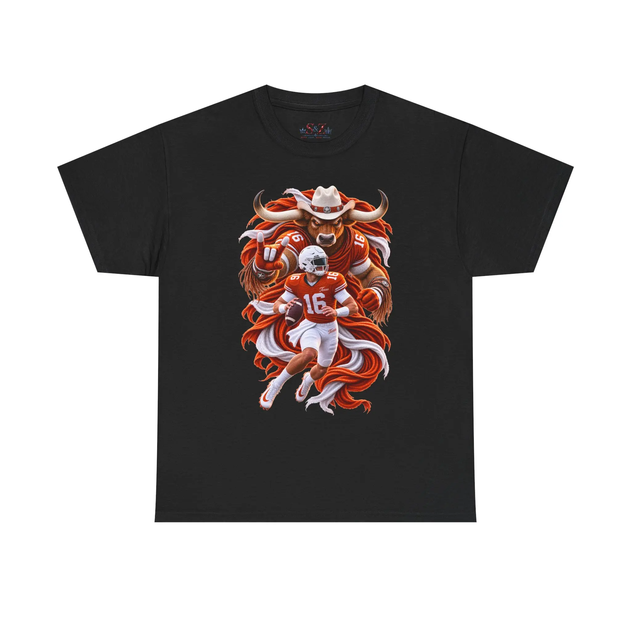 Texas Long Quarterback and Bull Spirit T-Shirt| Football Player Illustration, Team Mascot Art