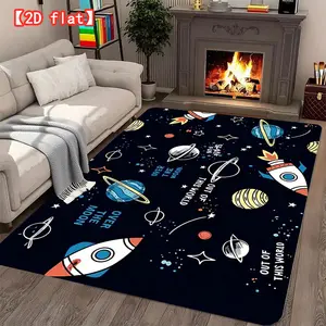 2D flat large best-selling velvet carpet, space theme pattern, including rockets, planets, and stars. Living room carpet, modern home decor carpets for entrance, bedroom, and playroom, Home Decor Rugs
