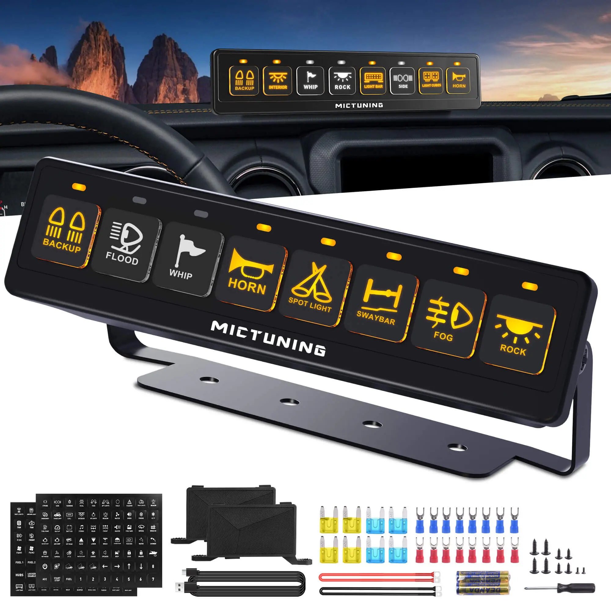 MICTUNING BC80 8-Gang Wireless Switch Panel - 12v/24v, Dual Power Hubs, Auxiliary ON-OFF Relays Circuit Box, 4 Control Modes, 1440w@24v, -22°F to 185°F, Yes, AAA Electrical Switch Accessory for Home Improvement