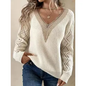 V Neck Lace Patchwork Long Sleeve Sweater Top, Casual Fitted Design for Fall & Winter, Women's Trendy Knitwear