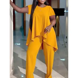 Women's Plus Size Simple Solid Two-piece Set, Irregular Hem Crew Short Sleeve Top & Pants Outfits - Curvy Women - Casual Wear - Perfect Birthday & Holidays Clothes Suits