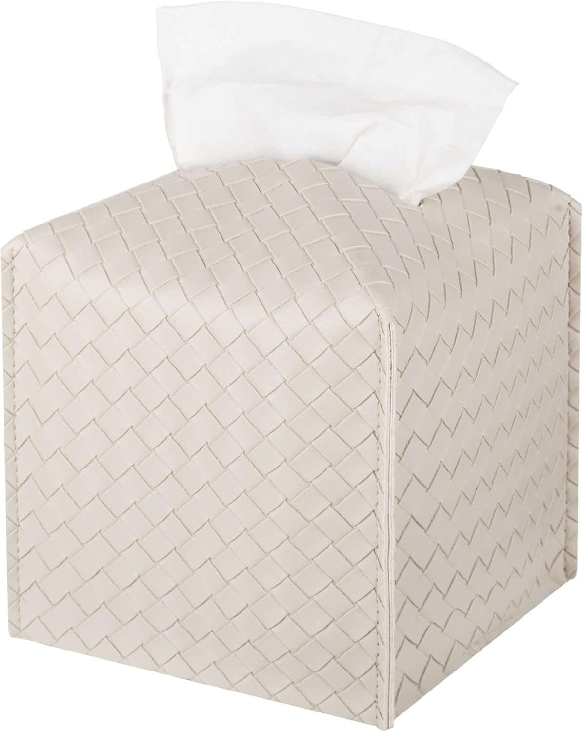 PU Leather Tissue Box Cover – Square Facial Tissue Holder for Bathroom, Vanity, Tabletop & Car, Stylish Tissue Organizer Dispenser, Greige