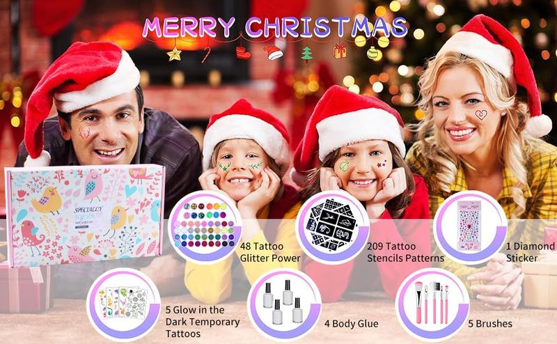 Temporary Glitter Tattoo Kit for Kids & Adults, 42 Glitter & 6 Fluorescent Color, 209 Stencils, 4 Glue, 5 Brushes, 1 Diamond Sticker, Safe & Easy Removal Face Body Art Birthday Party Supplies
