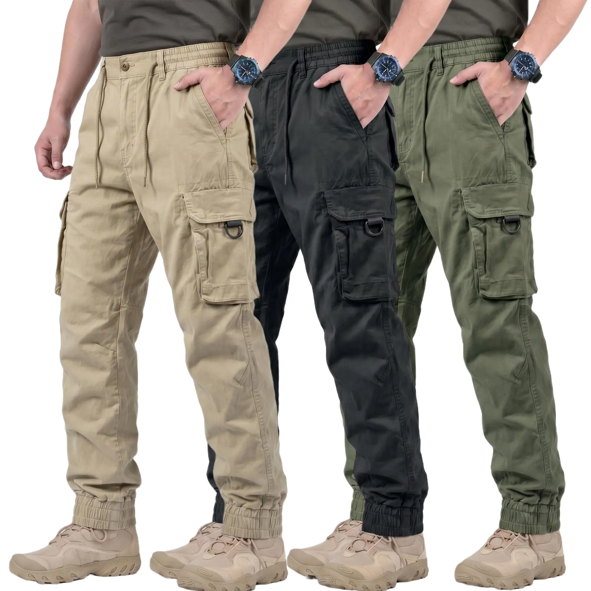 Men’s pure cotton tactical cargo pants with multiple pockets, flap pockets that prevent contents from falling out, elastic drawstring waist, tapered cuffs, durable long pants, solid color, soft and breathable—ideal for daily commuting, hiking, and outdoor