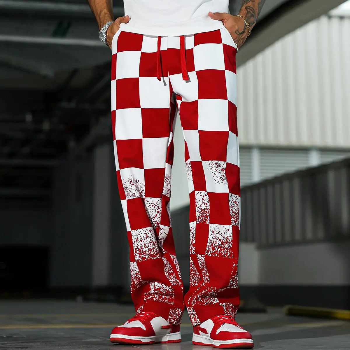 Men's 100% Polyester Preppy Plaid Red & White Wide Leg Casual Pants - Adjustable Elastic Drawstring Waist, Breathable, Bold Checkerboard Print, Distressed Fading Detail, Ideal for Streetwear, Daily Wear, All Over Print, Checkerboard Men's Pants, Chic Men'