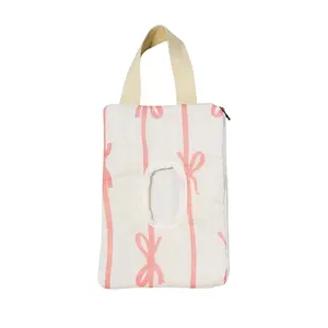 Baby Wipes Dispenser - Portable Wet Tissue Storage Bag  Travel, Refillable Diaper Wipe Holder  Car and Stroller – Reusable Hanging Wet Wipe Pouch (Pink-White)